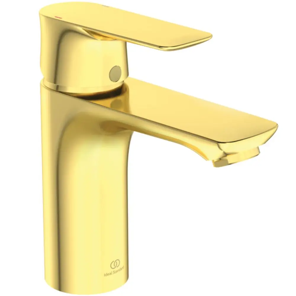 Waschtischarmatur in glänzendem Gold, hergestellt von Ideal Standard. Der Wasserfluss erfolgt über einen flachen Auslauf. Simplistisches, modernes Design.